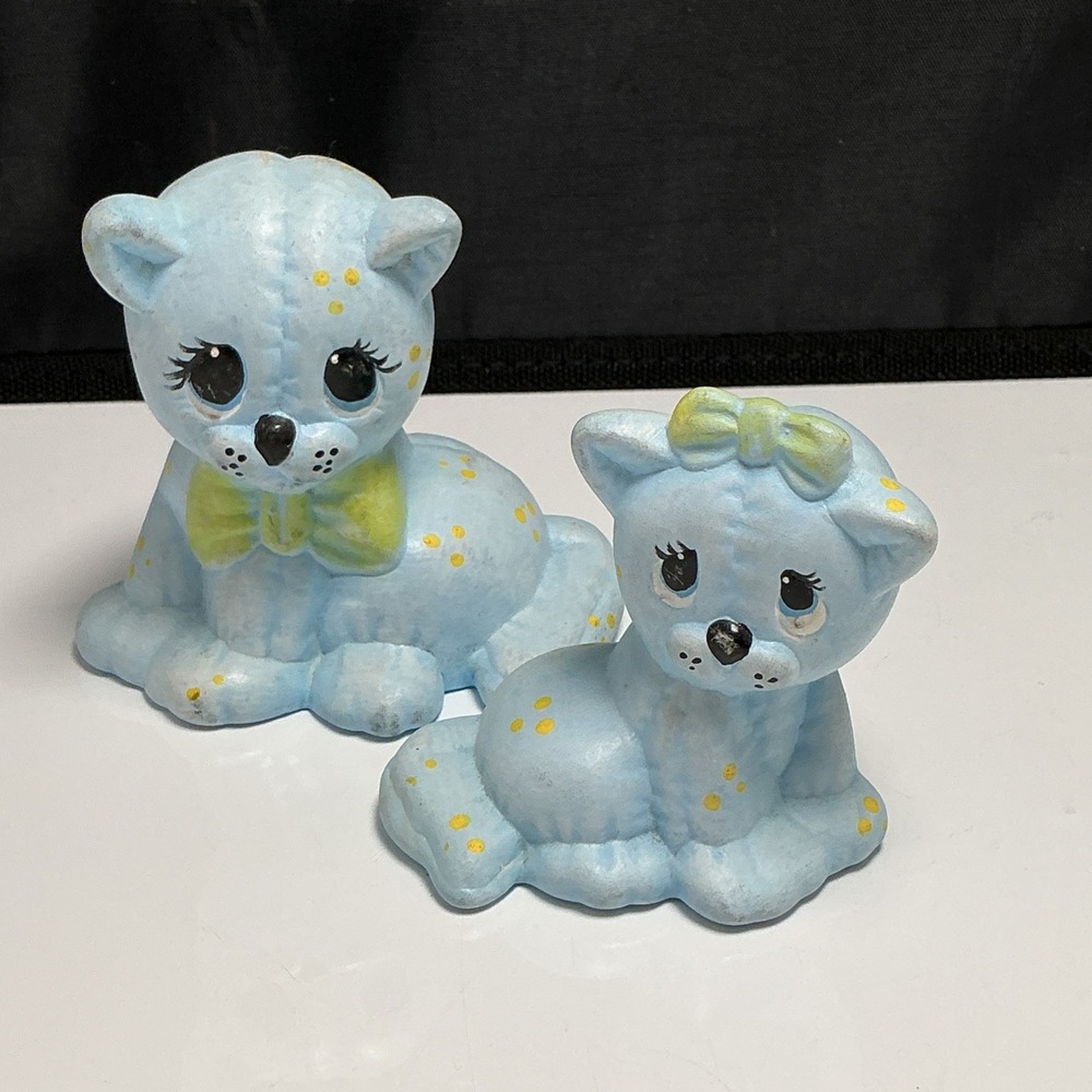 VTG 80s Kimple Mold Ceramic‎ Cat Figurine Blue Quilted Patchwork Kitsch Lot 2